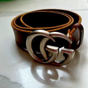 Women’s Gucci GG Marmont Brown Leather Belt - SILVER hardware, size 75